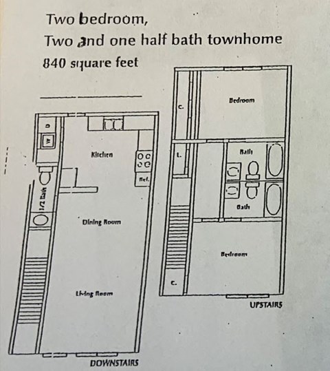 Floor plan for 2 beds, 2.5 baths, 840 sqft